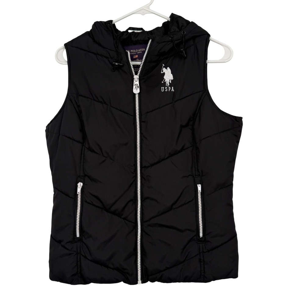 US Polo Assn Women Black Hooded Puffer Vest Small Quilted Full Zip Tennis Preppy